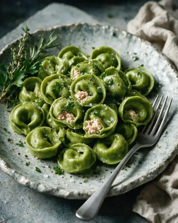 Grüne Tortellini mit Fleisch (KI-Illustration)