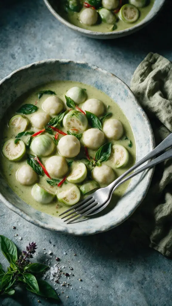 Grünes Curry mit Forellenklößchen