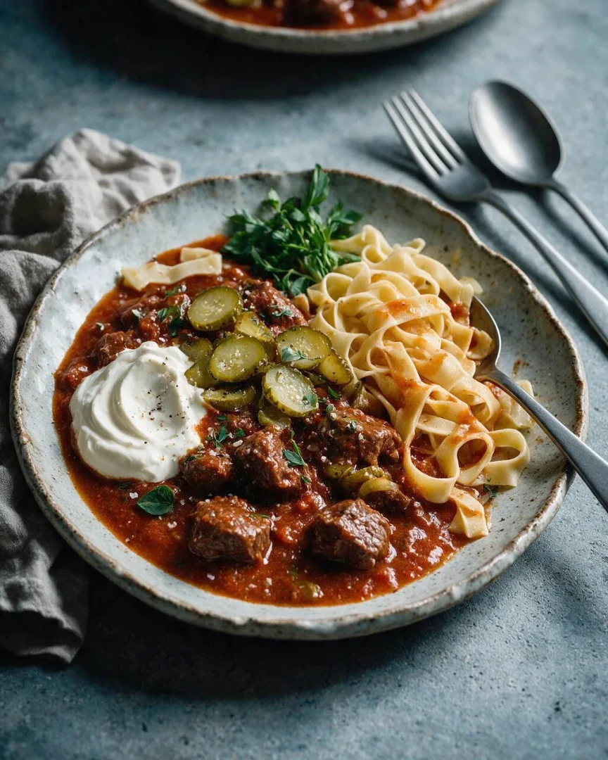 Gulasch mit Gewürzgurken (KI-Illustration)