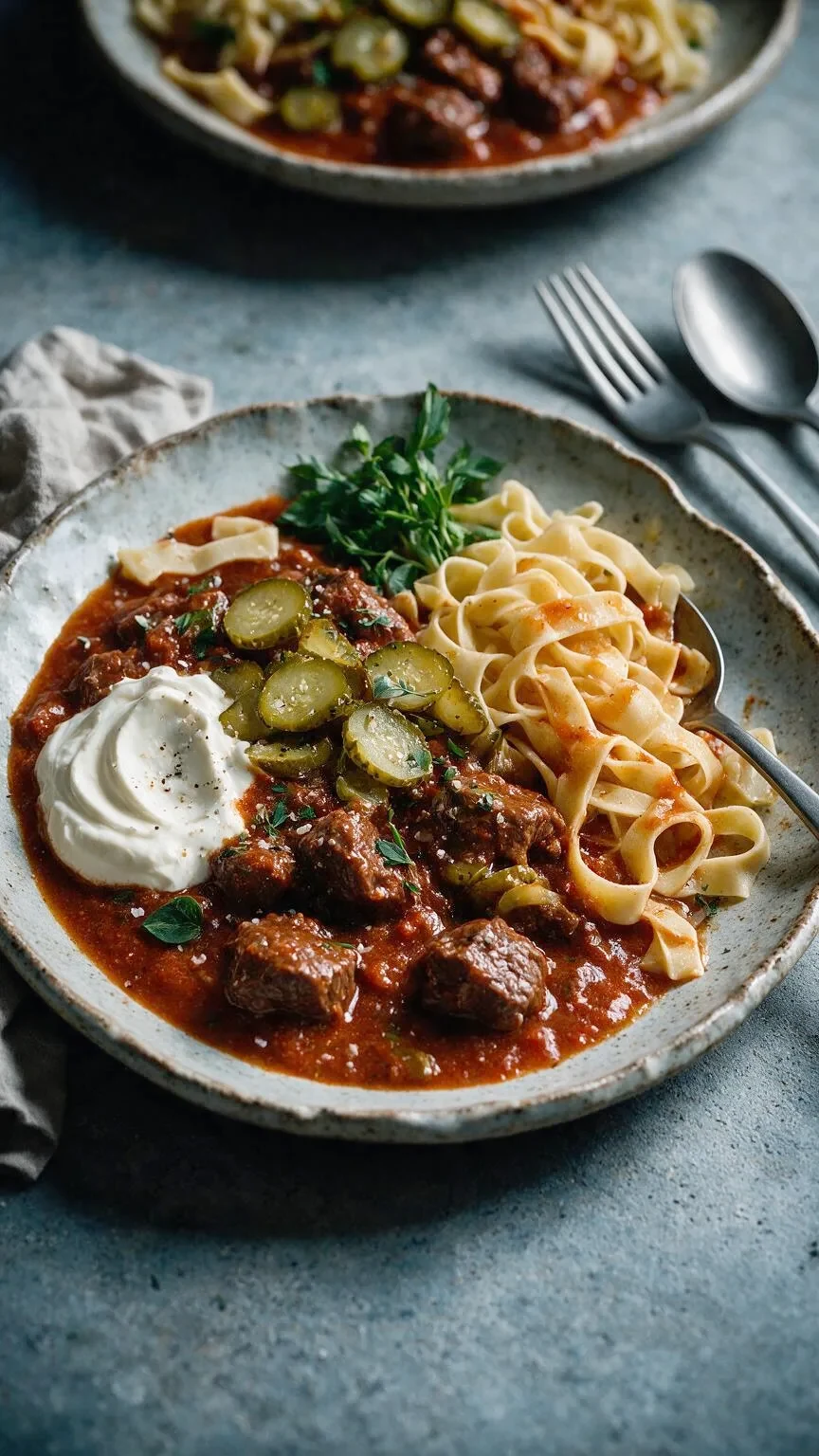 Gulasch mit Gewürzgurken (KI-Illustration)