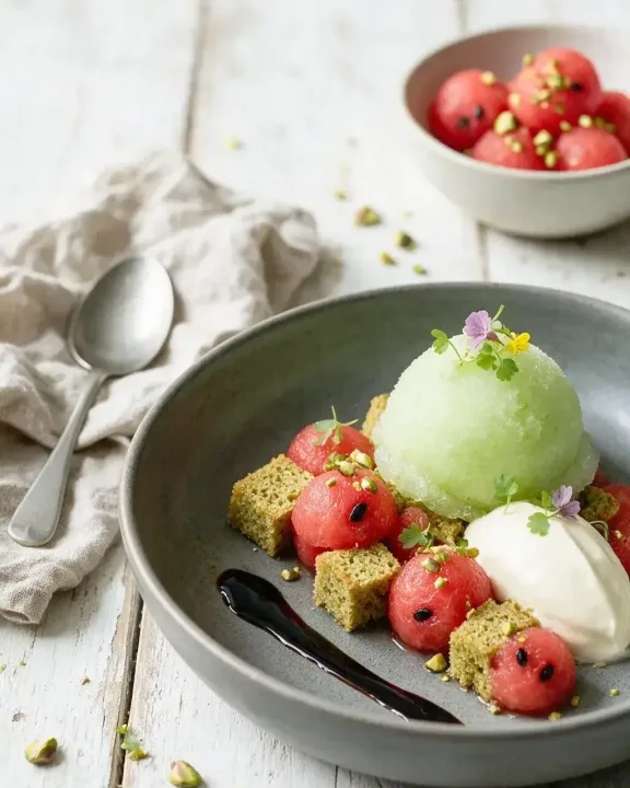 Gurkensorbet mit Melone und Biskuit (KI-Illustration)