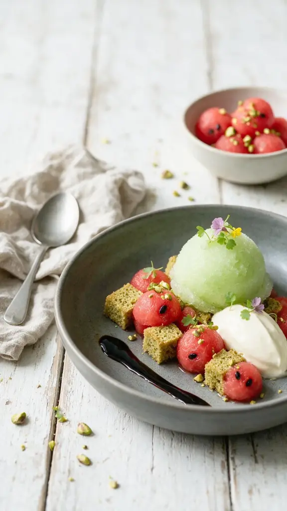 Gurkensorbet mit Melone und Biskuit