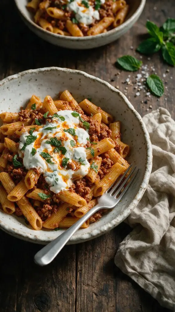 Hackfleisch-Pasta mit Minzjoghurt