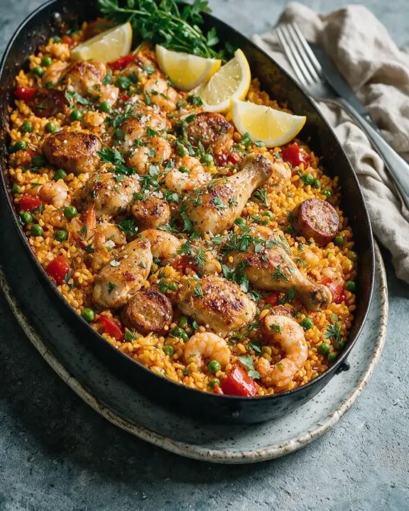 Hähnchen-Garnelen-Paella (KI-Illustration)