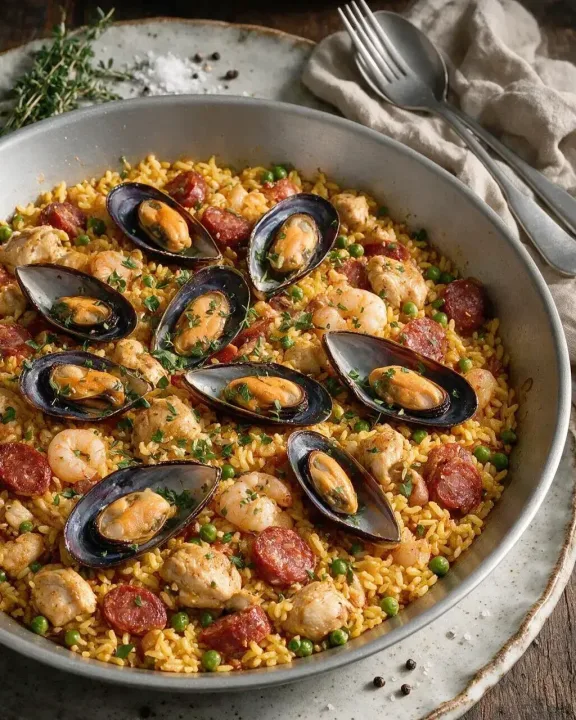Hähnchen-Paella mit Chorizo (KI-Illustration)