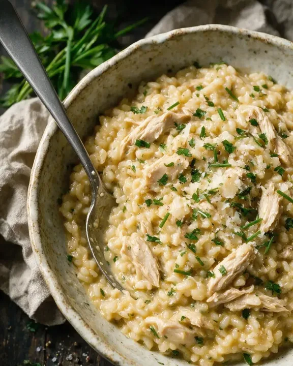Hähnchen-Risotto mit Kräutern (KI-Illustration)