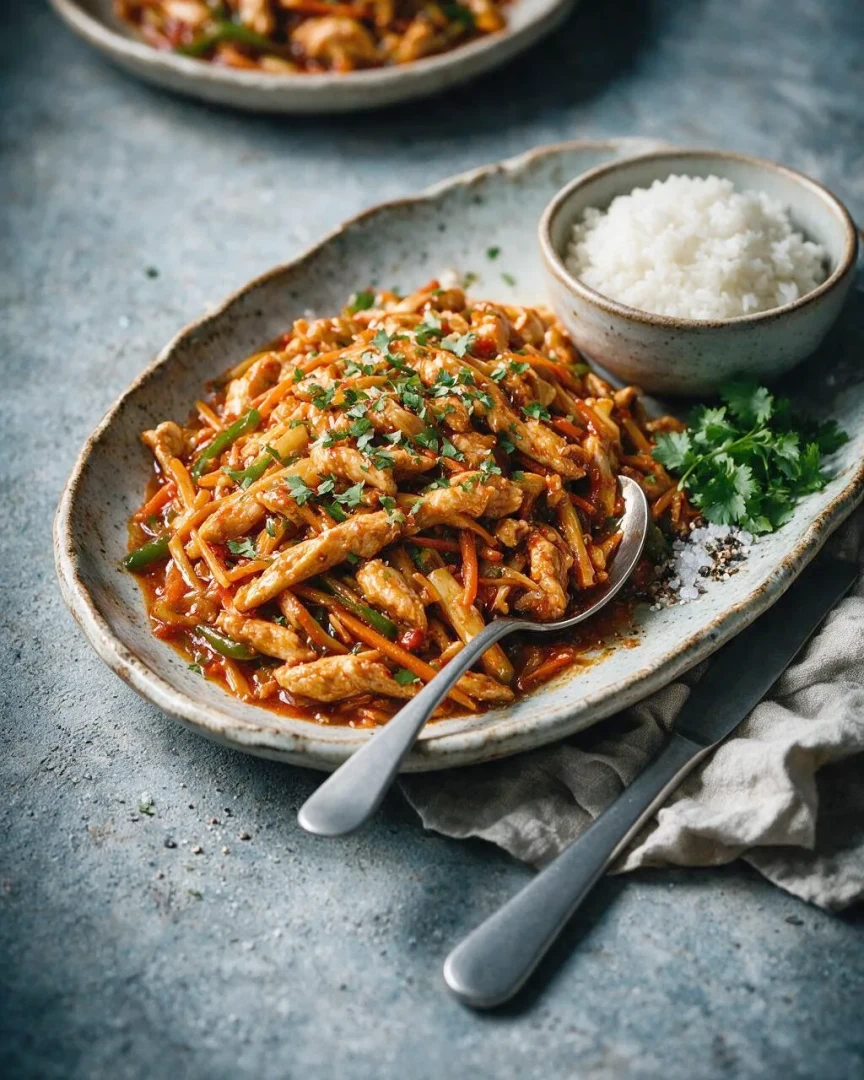 Hähnchen-Stir-Fry mit Chilis (KI-Illustration)
