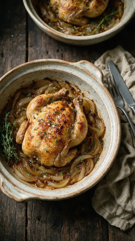 Geschmortes Hähnchen mit Zwiebeln