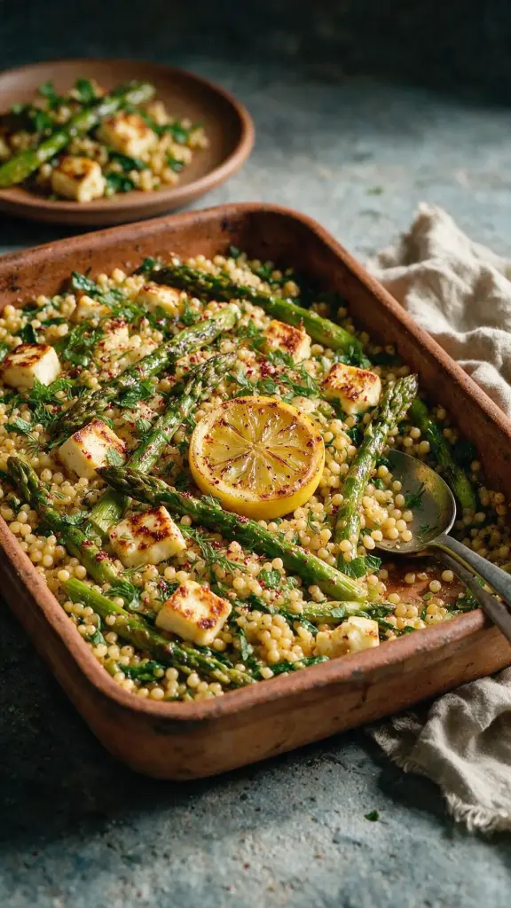 Spargel-Couscous-Blech mit Halloumi