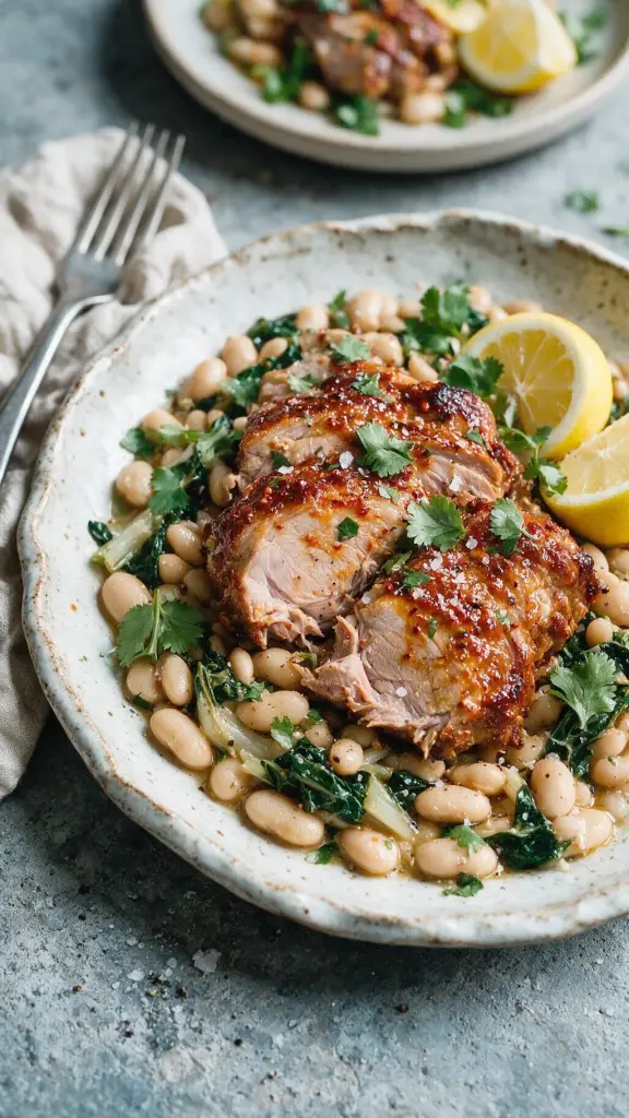 Harissa-Schweineschulter mit Bohnen