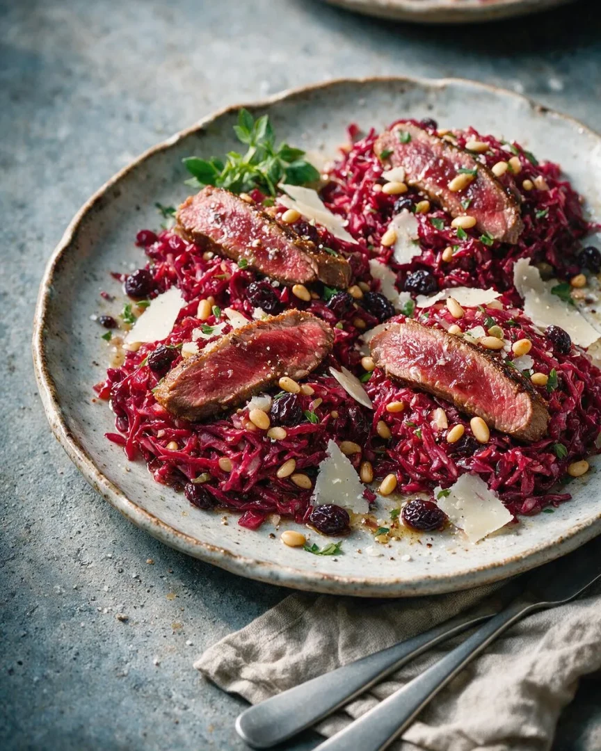 Hirschrücken mit Rotkohl (KI-Illustration)