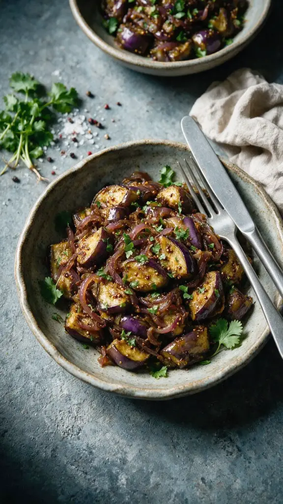 Gebratene Aubergine mit Zwiebel