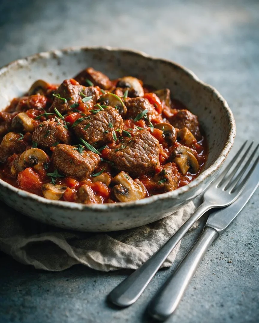 Kalbsragout mit Tomaten und Pilzen (KI-Illustration)