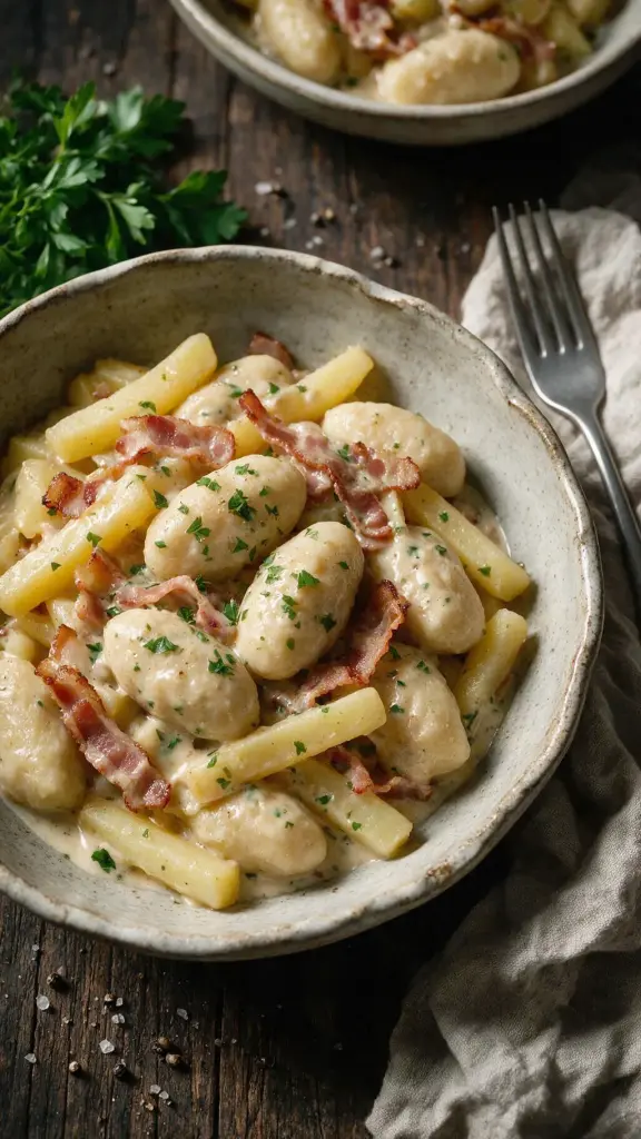 Kartoffeln und Klöße mit Specksoße