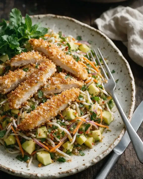 Kokos-Hähnchen mit Mango-Salat (KI-Illustration)
