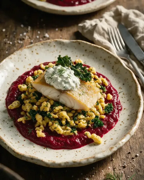 Stör mit Kräuterspätzle (KI-Illustration)