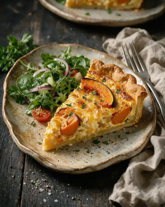 Kürbis-Cheddar-Quiche (KI-Illustration)