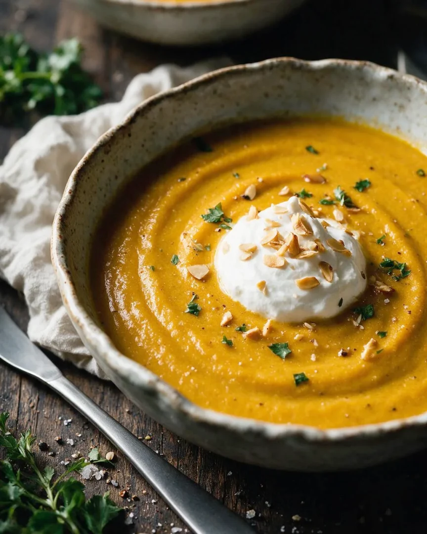 Kürbissuppe mit Kokosmilch (KI-Illustration)