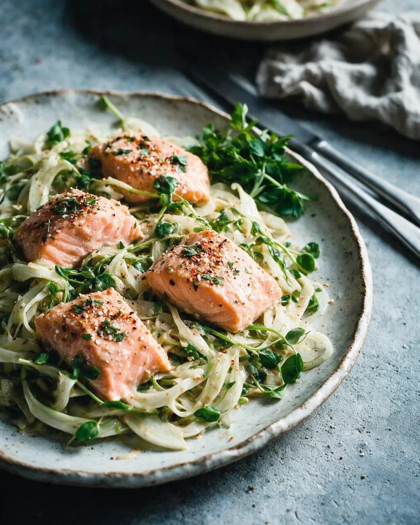 Lachs mit Miso-Fenchel-Salat (KI-Illustration)