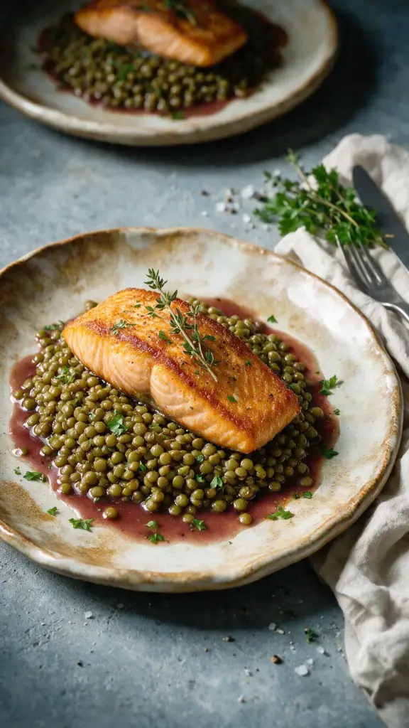 Gebratener Lachs & Rotwein-Linsen