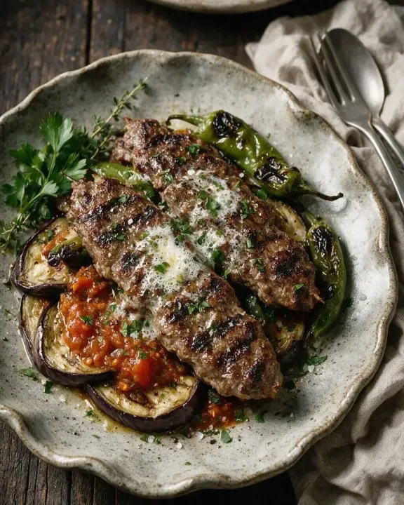 Lamm-Kebabs mit Aubergine (KI-Illustration)