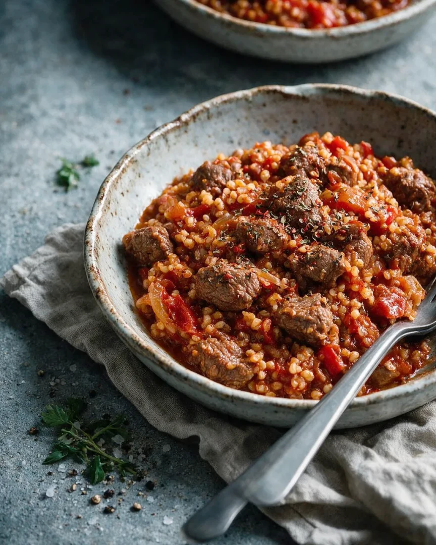 Lammgulasch mit Bulgur (KI-Illustration)