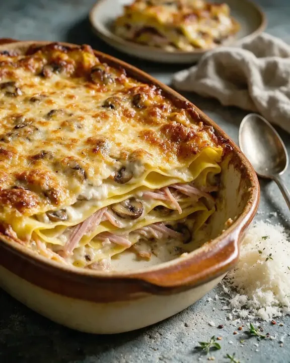 Pilz-Schinken-Lasagne (KI-Illustration)