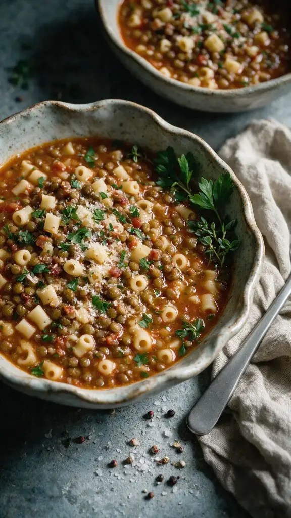 Linsensuppe mit Speck und Nudeln