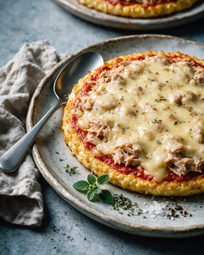 Low Carb Blumenkohl-Thunfisch-Pizza (KI-Illustration)