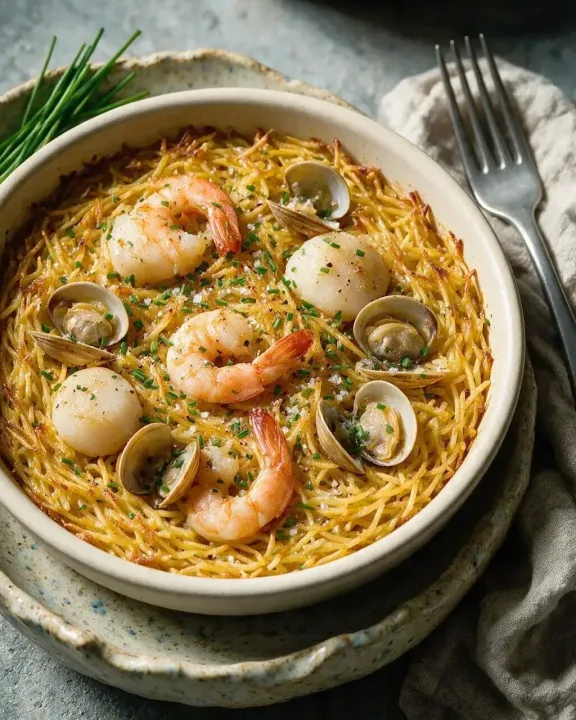 Meeresfrüchte-Pasta aus dem Ofen (KI-Illustration)