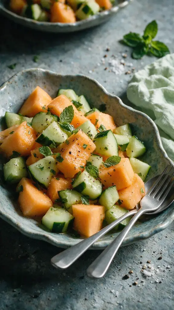 Melonen- und Gurkensalat mit schwarzem Pfeffer und Minze