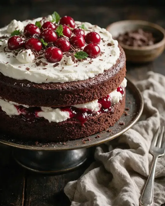 Schokoladenkuchen mit Kirschen (KI-Illustration)