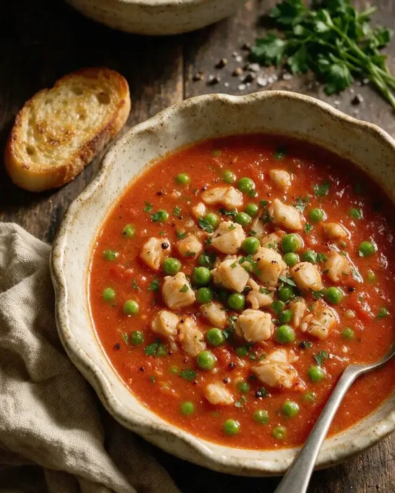 Muschel- und Erbsensuppe (KI-Illustration)