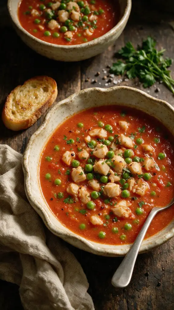 Muschel- und Erbsensuppe