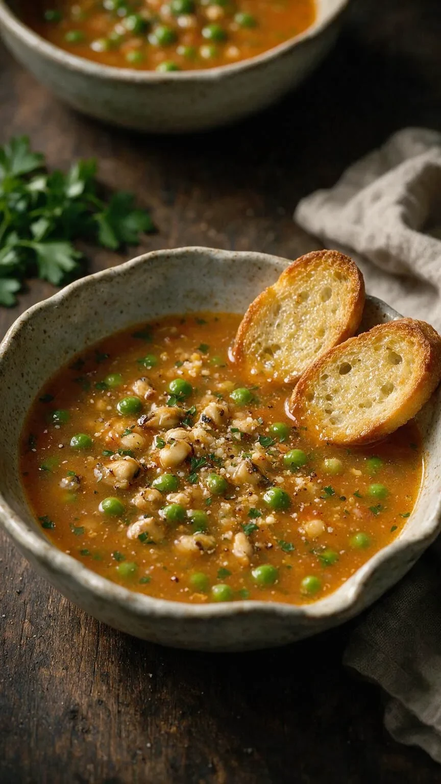 Muschel- und Erbsensuppe