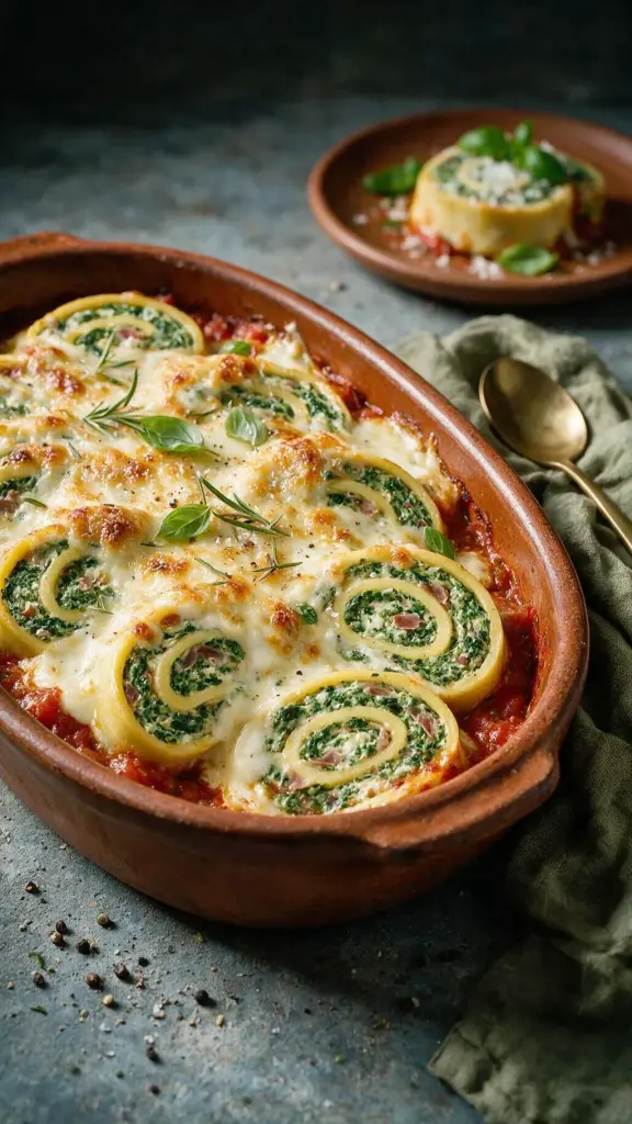 Nudelrolle mit Spinat und Schinken