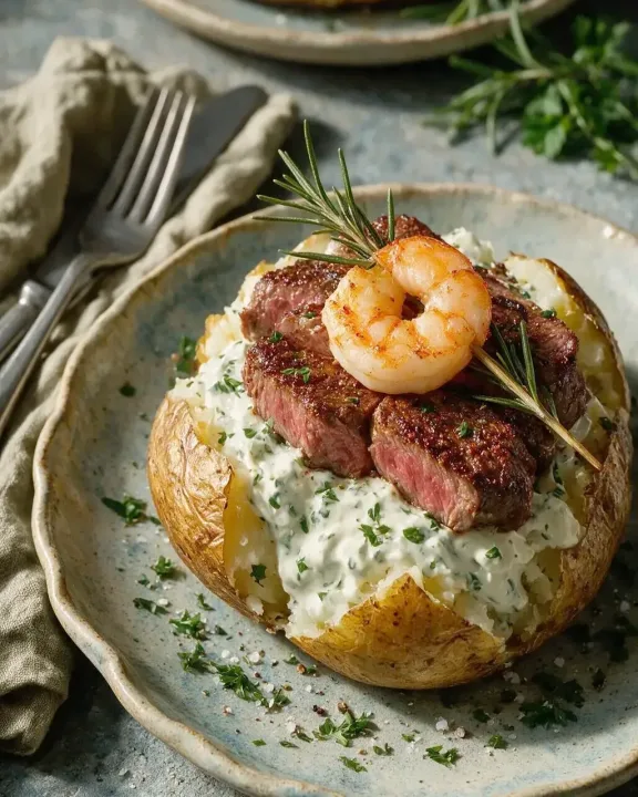 Ofenkartoffel Surf and Turf (KI-Illustration)