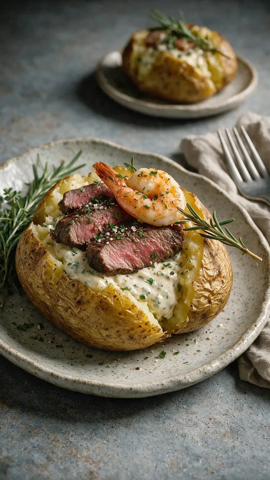 Ofenkartoffel Surf and Turf (KI-Illustration)