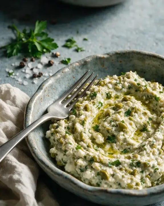 Grüne Oliven-Paste mit Käse (KI-Illustration)