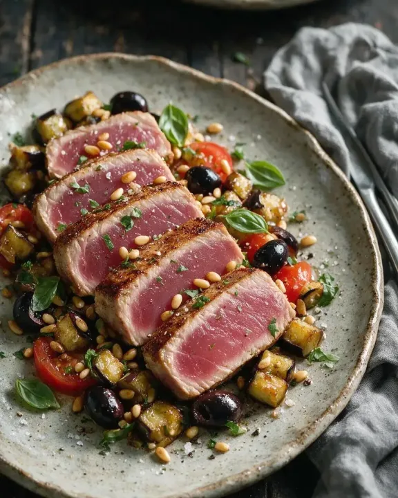 Thunfisch mit Aubergine und Pinien (KI-Illustration)