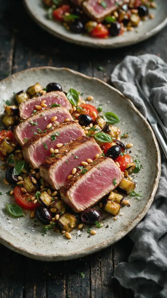 Thunfisch mit Aubergine und Pinien
