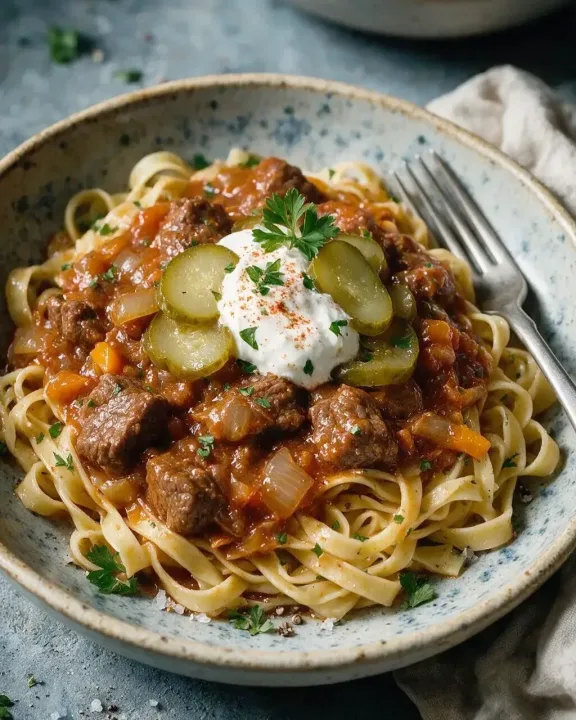 Gulasch mit Gewürzgurken (KI-Illustration)