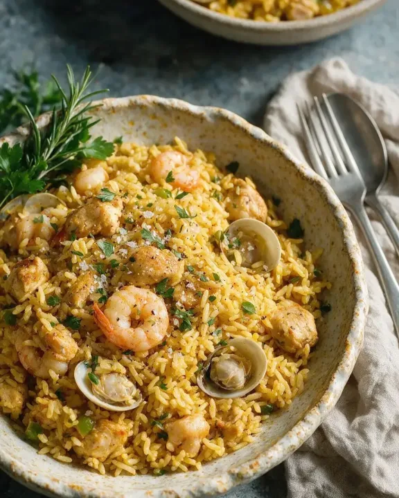 Paella mit Hähnchen und Meeresfrüchten (KI-Illustration)