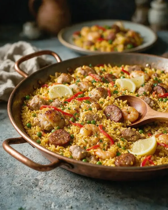 Paella mit Hähnchen und Schwein (KI-Illustration)