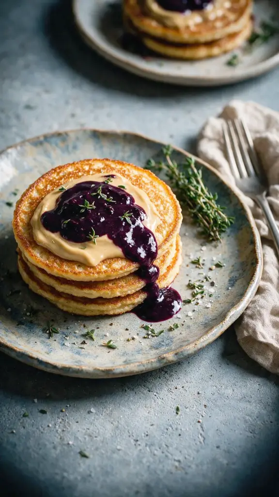 Pancakes mit Mandelbutter und Brombeersauce