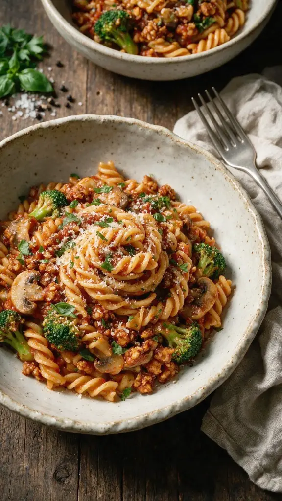 Pasta Primavera mit Tempeh-Wurst