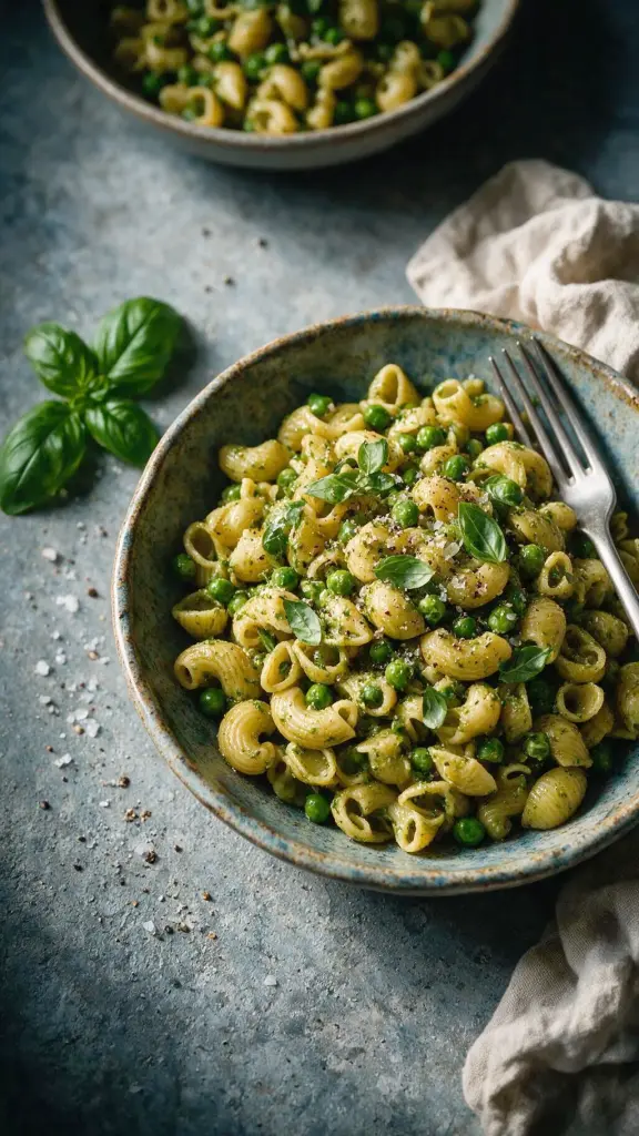 Pesto-Nudelsalat mit Erbsen
