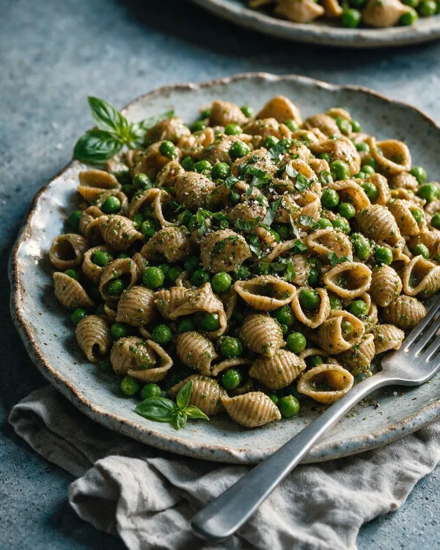 Pesto-Nudelsalat mit Erbsen (KI-Illustration)