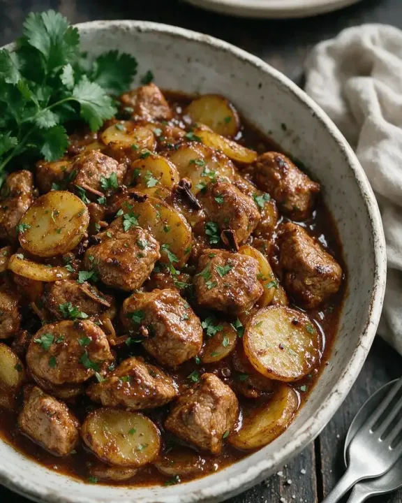 Schweinecurry mit Kartoffeln (KI-Illustration)