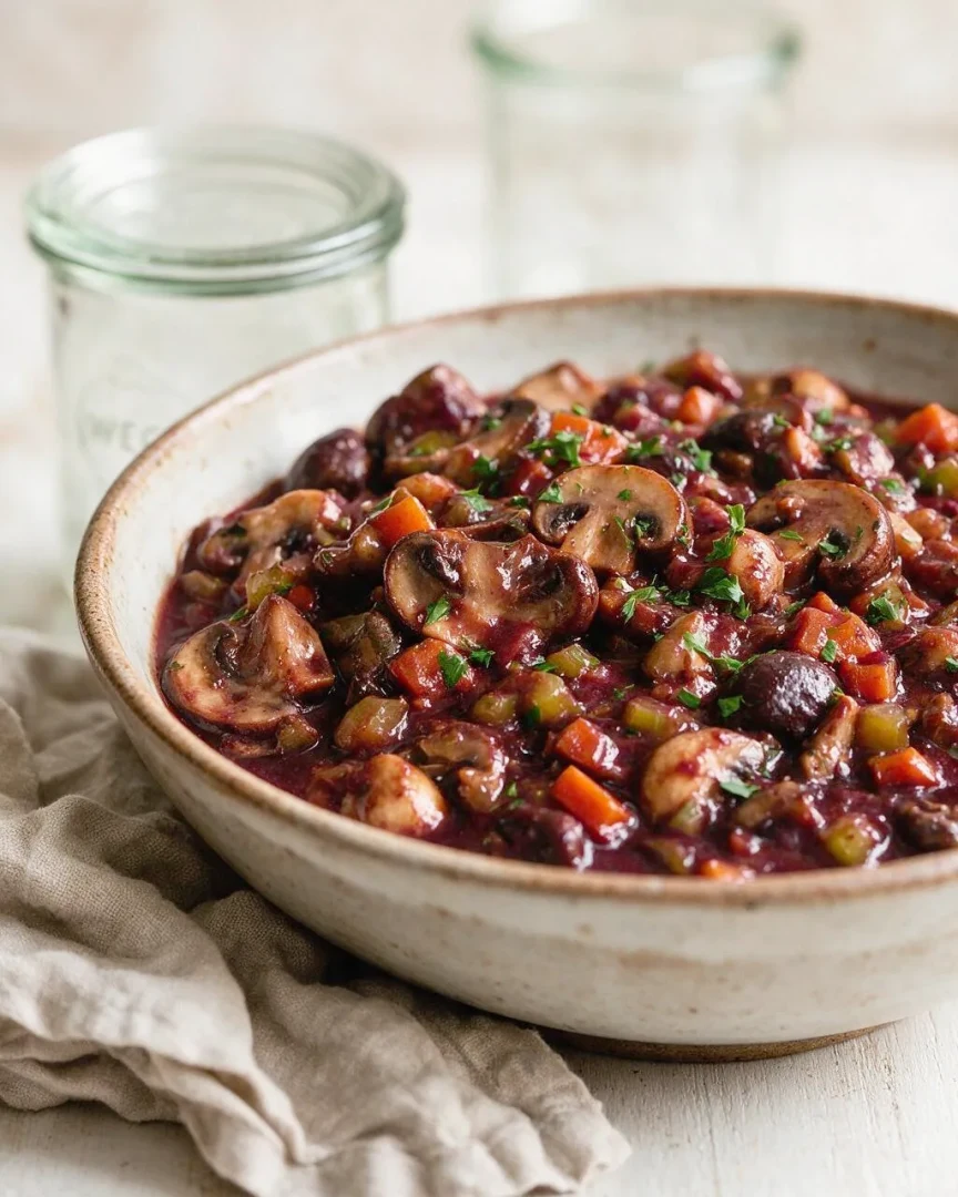 Pilz-Bourguignon mit Rotwein (KI-Illustration)